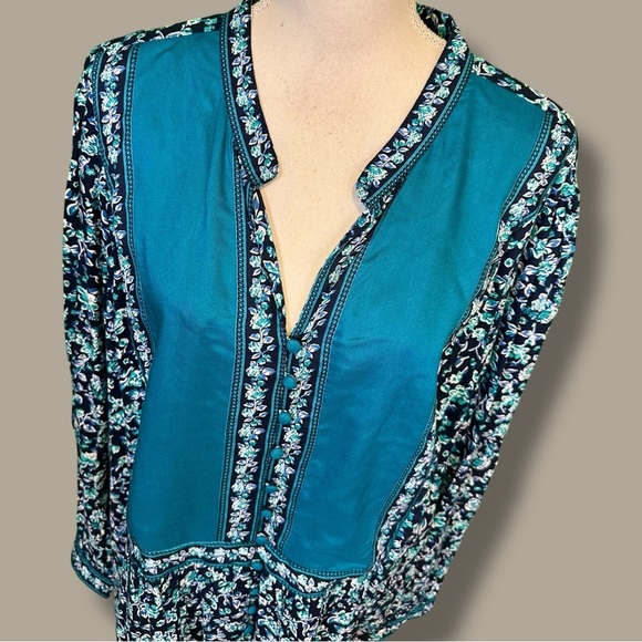 NWT Woman Within ‘Plus Size Button-Front Mixed Print Tunic’ in Teal/Navy Floral - Picture 3 of 15